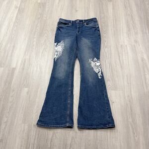 Hot Topic Cross Skull Wings Rhinestone Flare Denim Pants Women's 13 (30x33) Blue